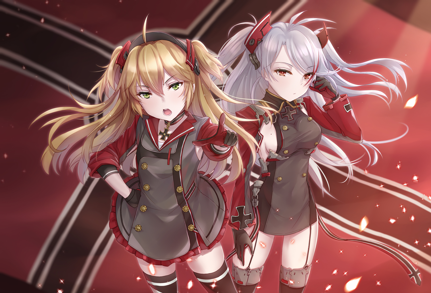 2girls, admiral_hipper_(azur_lane), anthropomorphism, azur_lane, blonde_hair, breasts, brown_eyes, cross