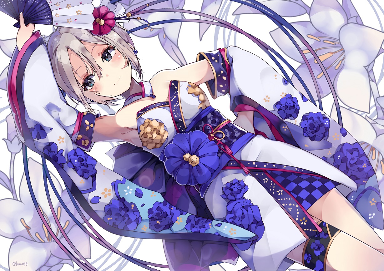 blush, fan, flowers, idolmaster, idolmaster_cinderella_girls, japanese_clothes, kyou_hotaru, shiomi_shuuko