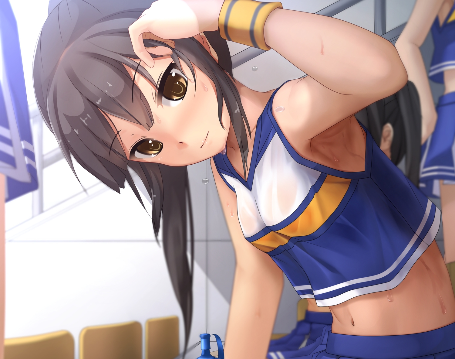 black_hair, brown_eyes, cheerleader, close, cropped, drink, eto, group