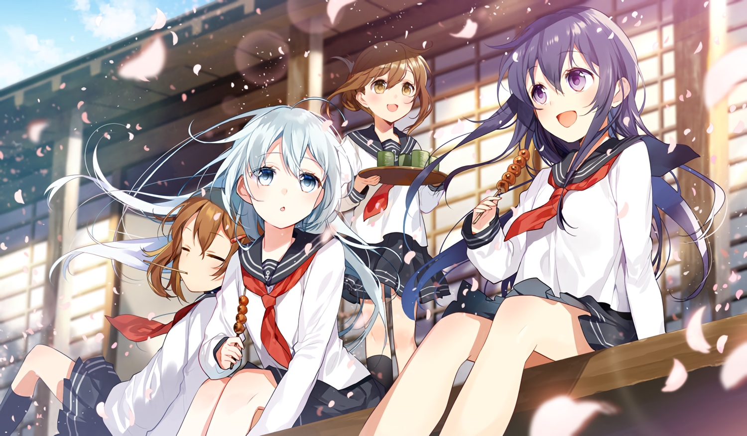akatsuki_(kancolle), anthropomorphism, black_hair, brown_eyes, brown_hair, building, drink, food