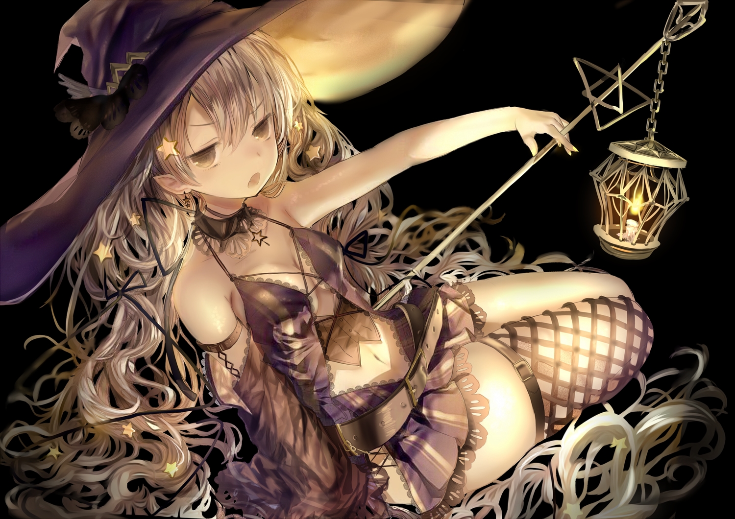 breasts, dark, fang, hat, long_hair, navel, opopowa, original, pointed_ears, stars, thighhighs, witch, witch_hat