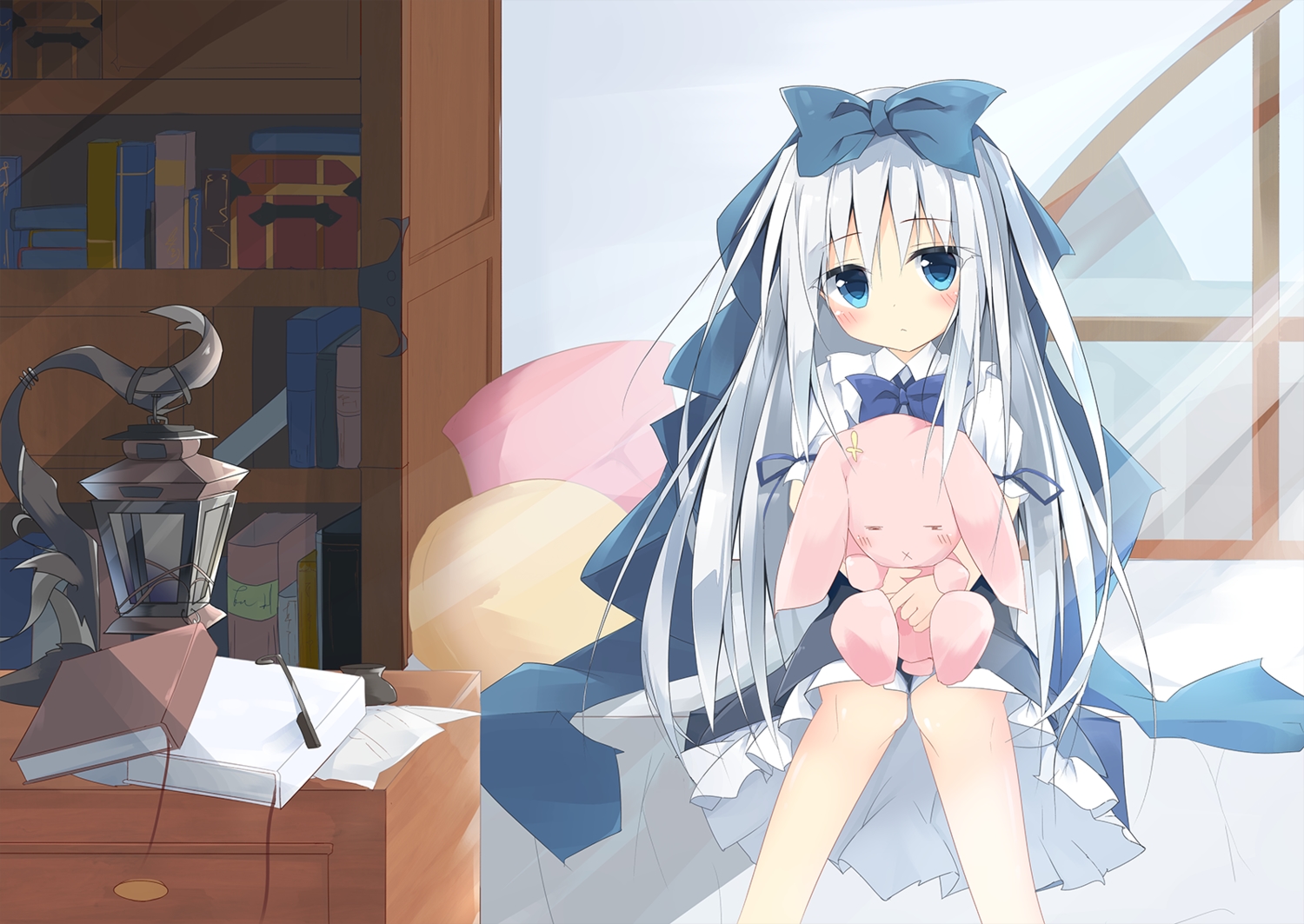 aqua_eyes, bed, book, kushida_you, loli, lolita_fashion, long_hair, original, ribbons, white_hair