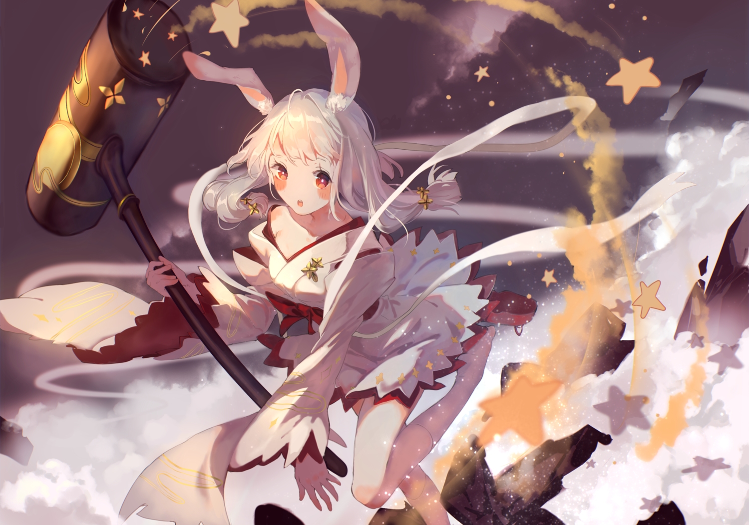 animal_ears, blush, bou_shaku, bunny_ears, bunnygirl, gray_hair, japanese_clothes, kneehighs