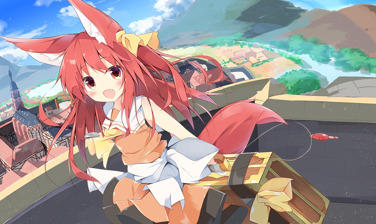 animal_ears, blush, building, city, clouds, dress, foxgirl, kushida_you