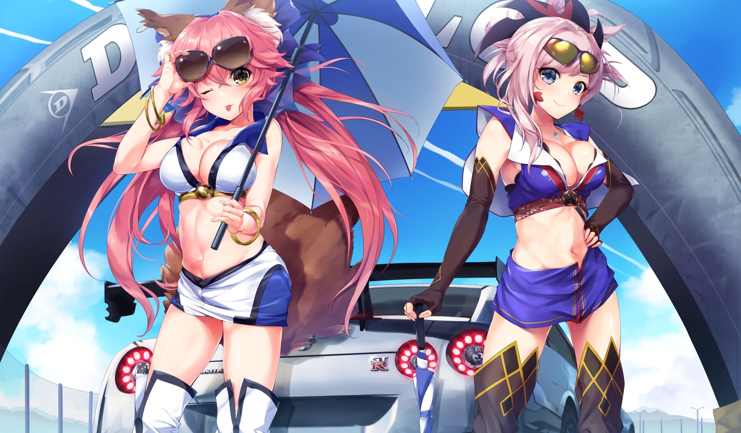 2girls, animal_ears, bikini_top, boots, breasts, cleavage, clouds, elbow_gloves