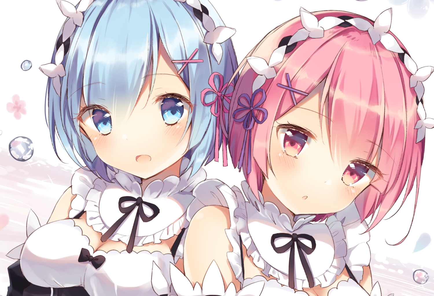 aqua_eyes, aqua_hair, blush, bow, breasts, close, headdress, maid
