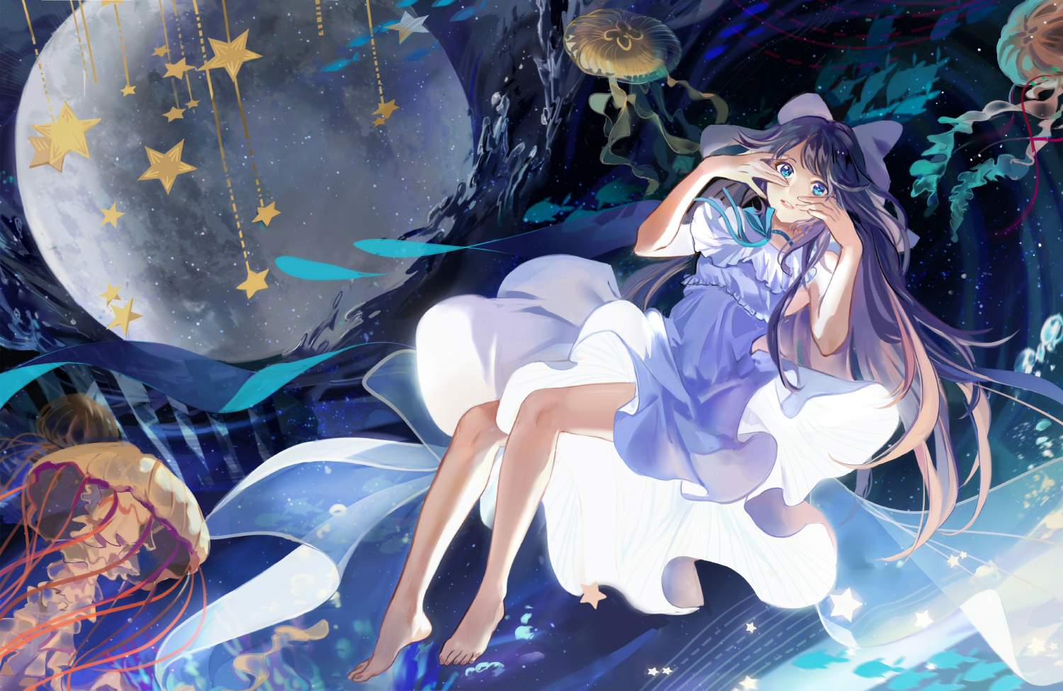 achyue, animal, aqua_eyes, barefoot, black_hair, dress, fish, long_hair
