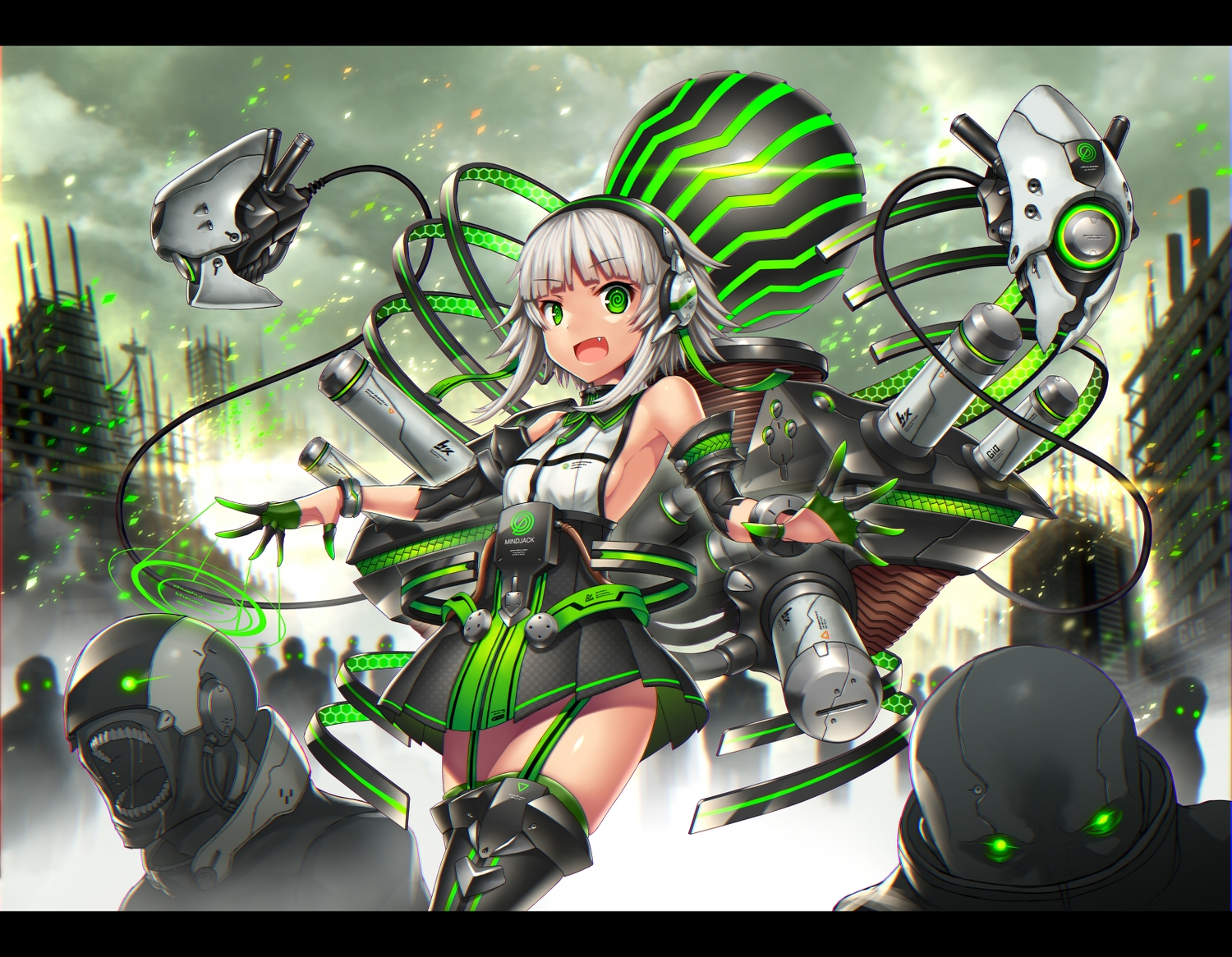 armor, breasts, fang, garter_belt, gia, gloves, gray_hair, green_eyes