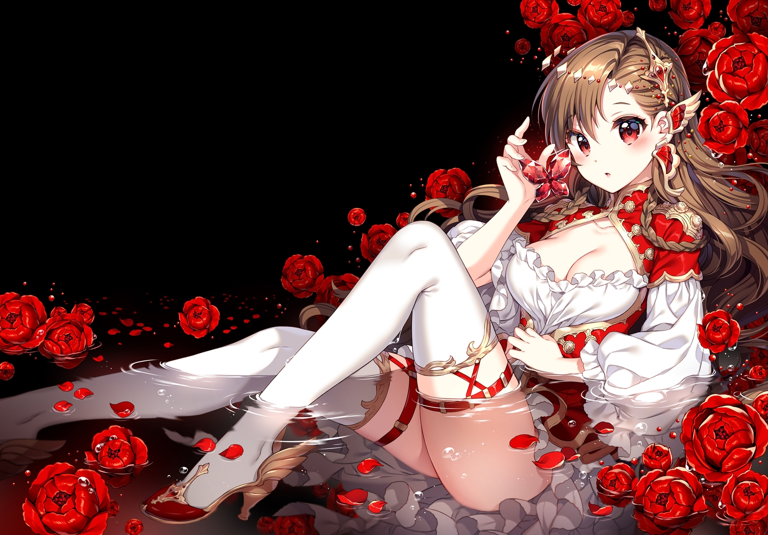 breasts, brown_hair, cleavage, flowers, garter, headdress, long_hair, nardack