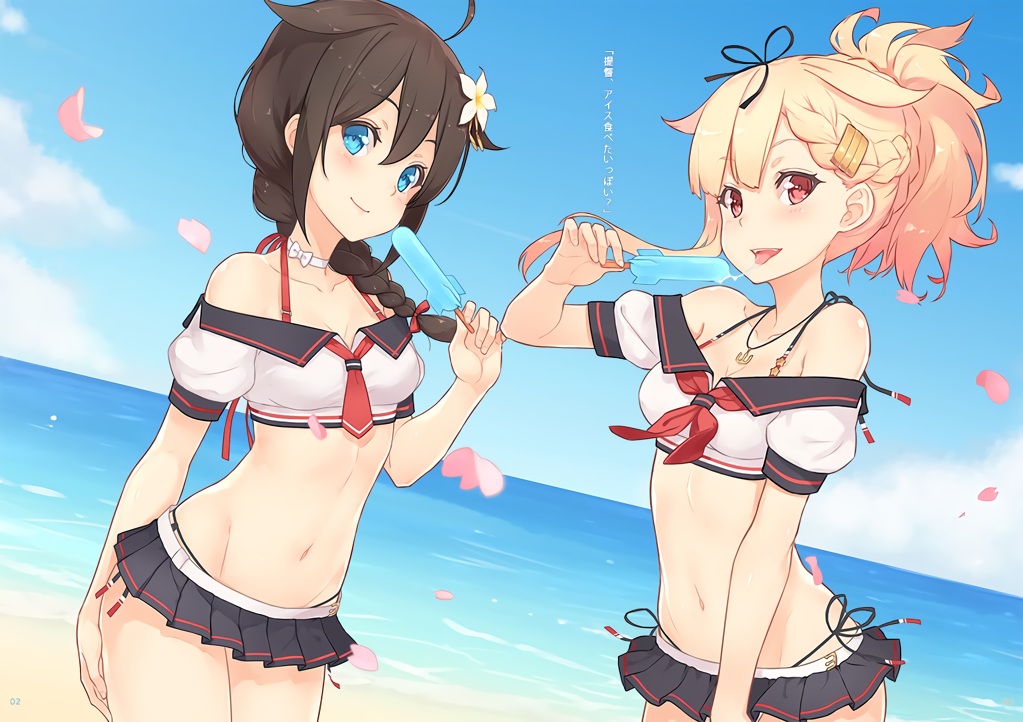 2girls, anthropomorphism, aqua_eyes, beach, bikini, blonde_hair, braids, brown_hair