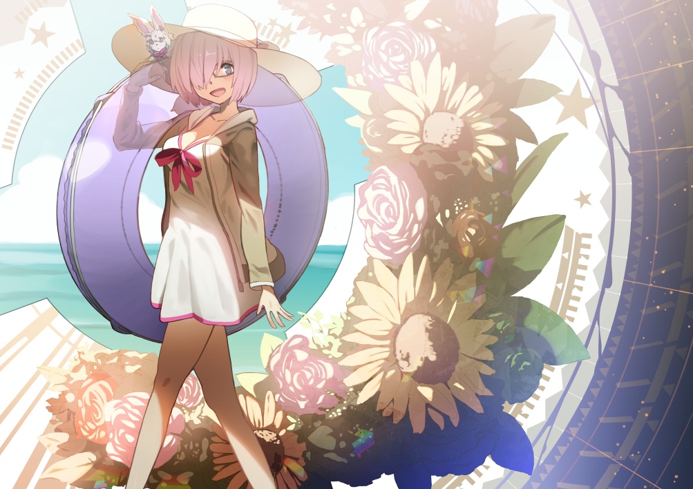 dress, fate/grand_order, fate_(series), flowers, fou_(fate/grand_order), glasses, hat, hood, mash_kyrielight, rano, short_hair, summer_dress, swim_ring
