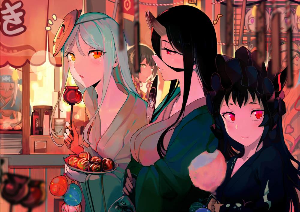 aliasing, anthropomorphism, apple, black_hair, breasts, candy, fan, festival, food, fruit, group, headdress, japanese_clothes, kamoi_(kancolle), kantai_collection, long_hair, mask, mizuho_(kancolle), orange_eyes, red_eyes, summer, tagme_(character), walzrj, white_hair, yukata