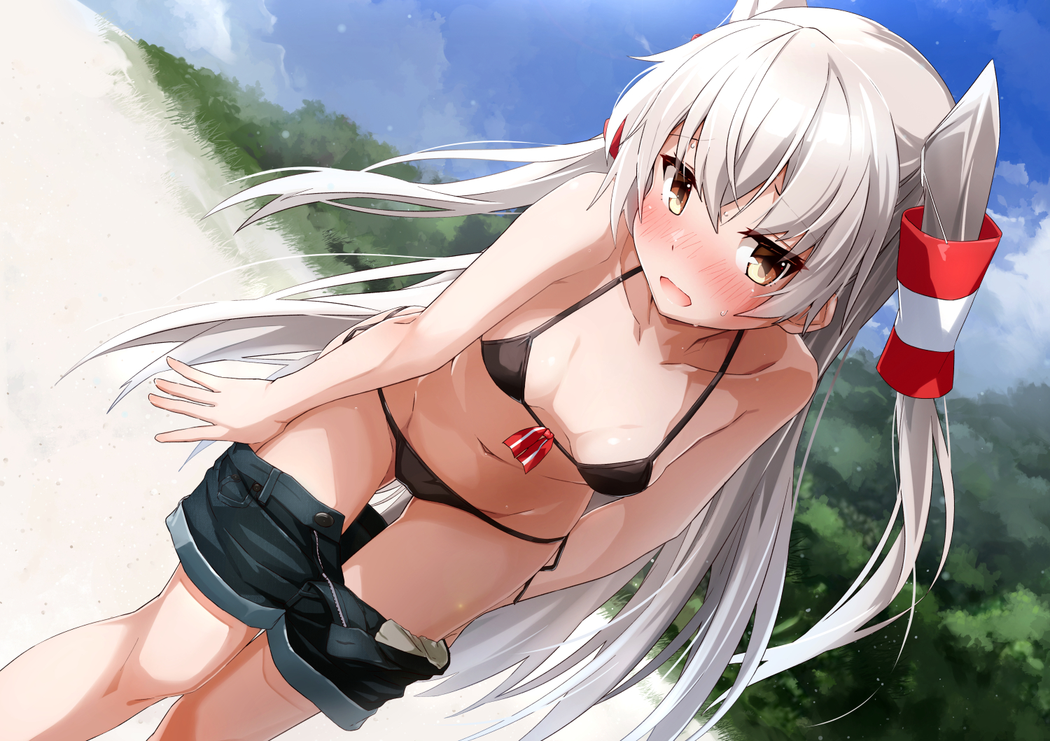 amatsukaze_(kancolle), anthropomorphism, bikini, blush, breasts, gray_hair, kantai_collection, long_hair, shorts, swimsuit, takanashi_kei_(hitsujikan), twintails, undressing, yellow_eyes