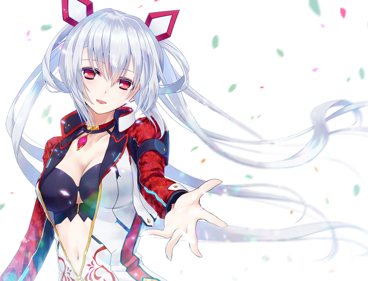 bikini_top, breasts, cleavage, din_(flypaper), jpeg_artifacts, long_hair, matoi_(pso2), navel, phantasy_star, phantasy_star_online, phantasy_star_online_2, red_eyes, twintails, white_hair