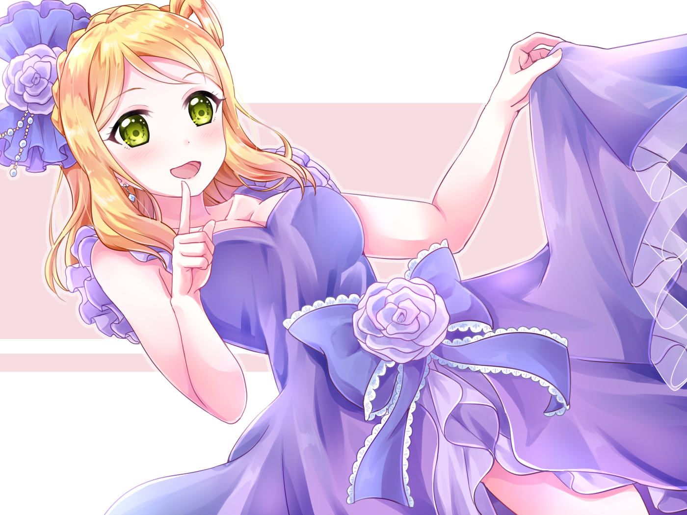 blonde_hair, blush, bow, breasts, cleavage, dress, green_eyes, love_live!_school_idol_project, love_live!_sunshine!!, ohara_mari, pipette, short_hair