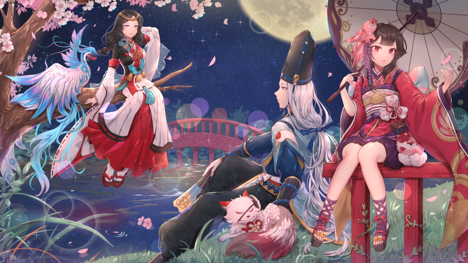 abe_no_seimei_(onmyouji), animal, aqua_eyes, bird, black_hair, cherry_blossoms, fan, flowers