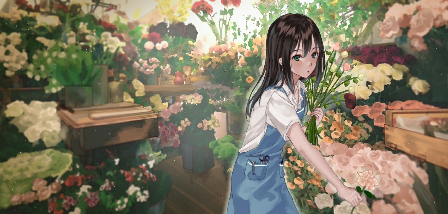 black_hair, flowers, green_eyes, idolmaster, idolmaster_cinderella_girls, long_hair, roki_(0214278), shibuya_rin