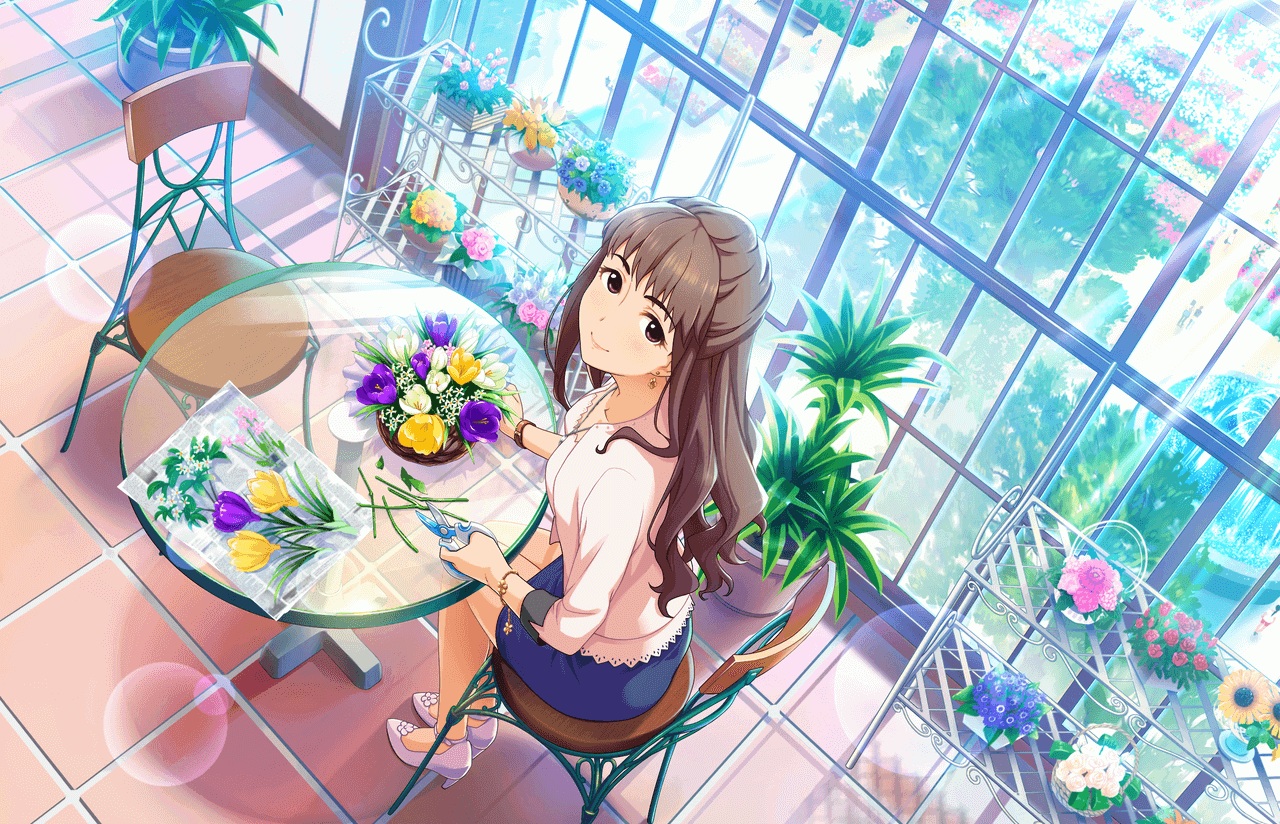 annin_doufu, brown_hair, flowers, hattori_touko, idolmaster, idolmaster_cinderella_girls, long_hair, necklace, skirt, wristwear
