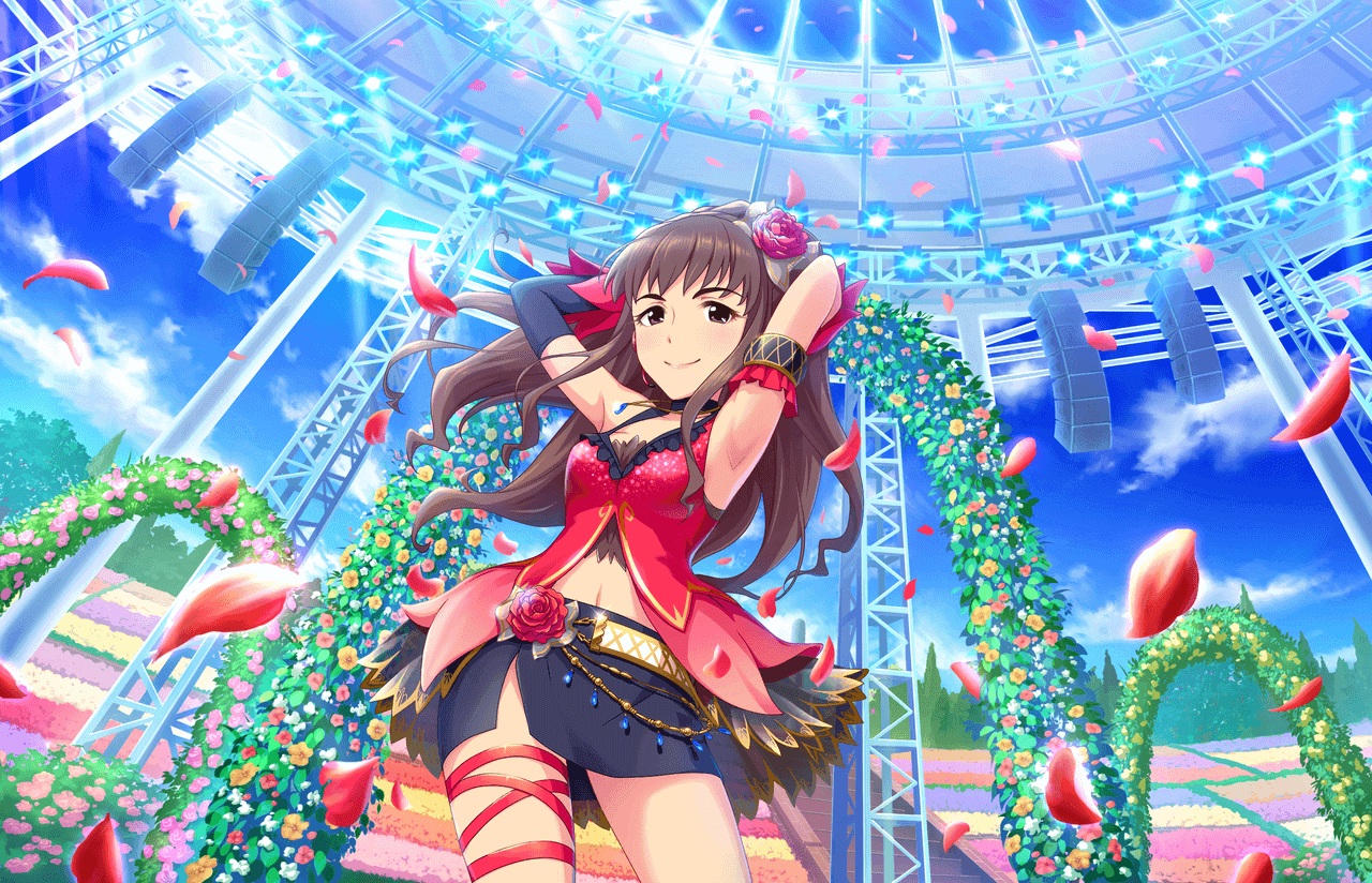 annin_doufu, brown_hair, elbow_gloves, flowers, gloves, hattori_touko, idolmaster, idolmaster_cinderella_girls, long_hair, necklace, petals, skirt