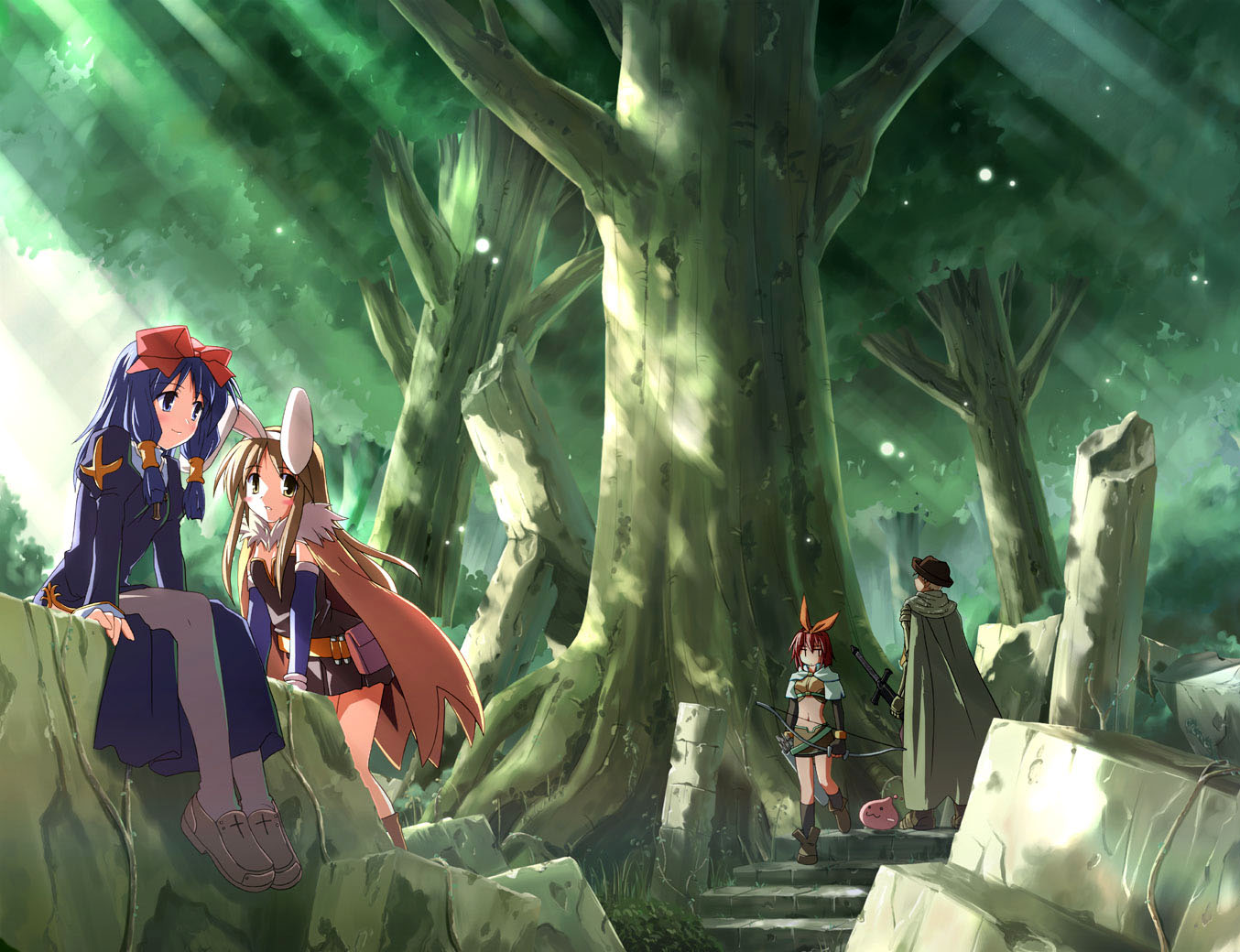 alchemist, animal_ears, bow, bunny_ears, bunnygirl, forest, hunter_(ragnarok_online), jpeg_artifacts