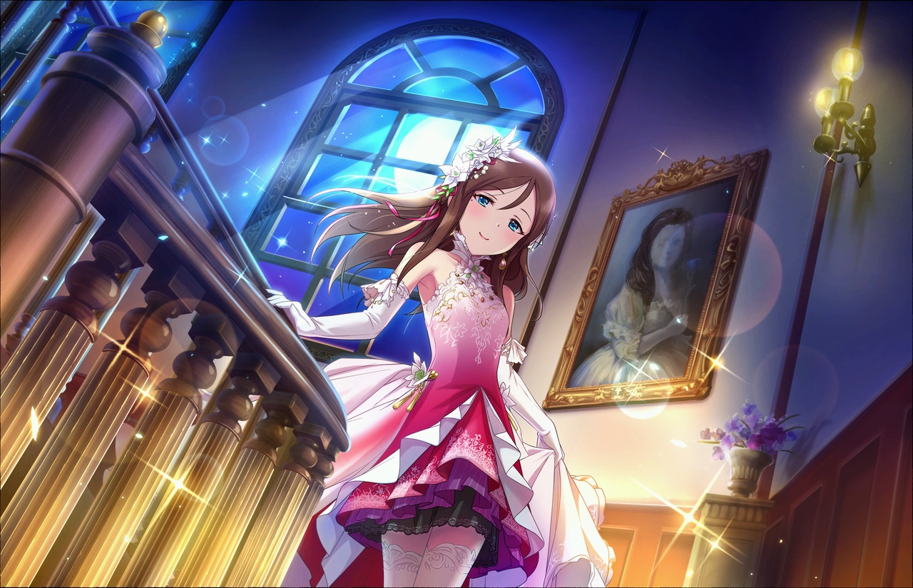 annin_doufu, aqua_eyes, brown_hair, dress, elbow_gloves, furusawa_yoriko, gloves, headdress, idolmaster, idolmaster_cinderella_girls, idolmaster_cinderella_girls_starlight_stage, long_hair, moon, night, thighhighs