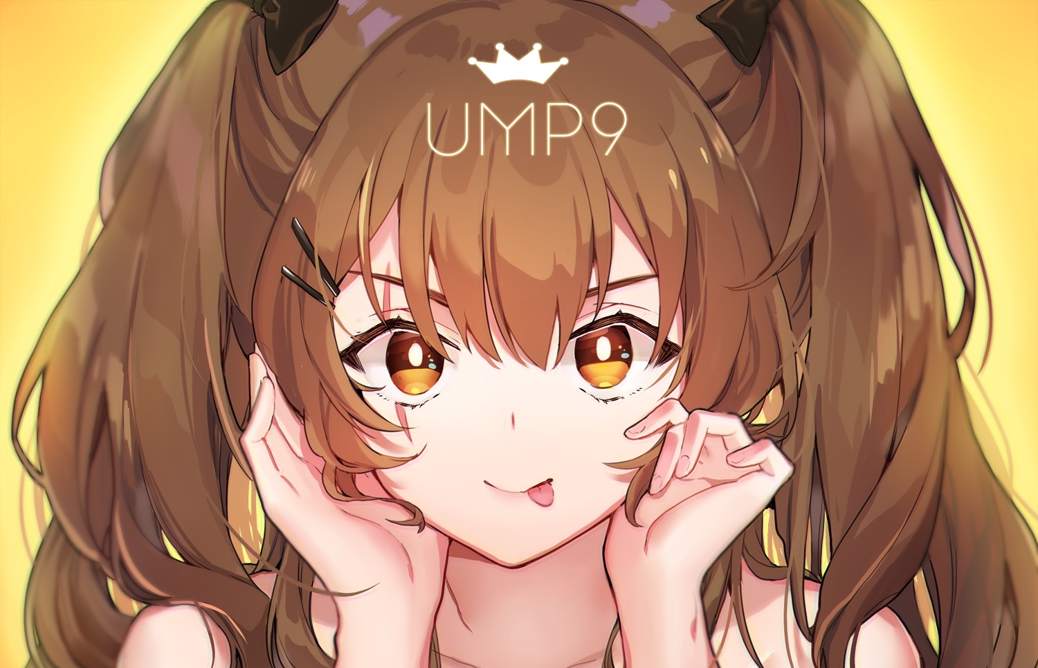 adcd, anthropomorphism, brown_hair, close, girls_frontline, long_hair, orange_eyes, scar, twintails, ump-9_(girls_frontline)