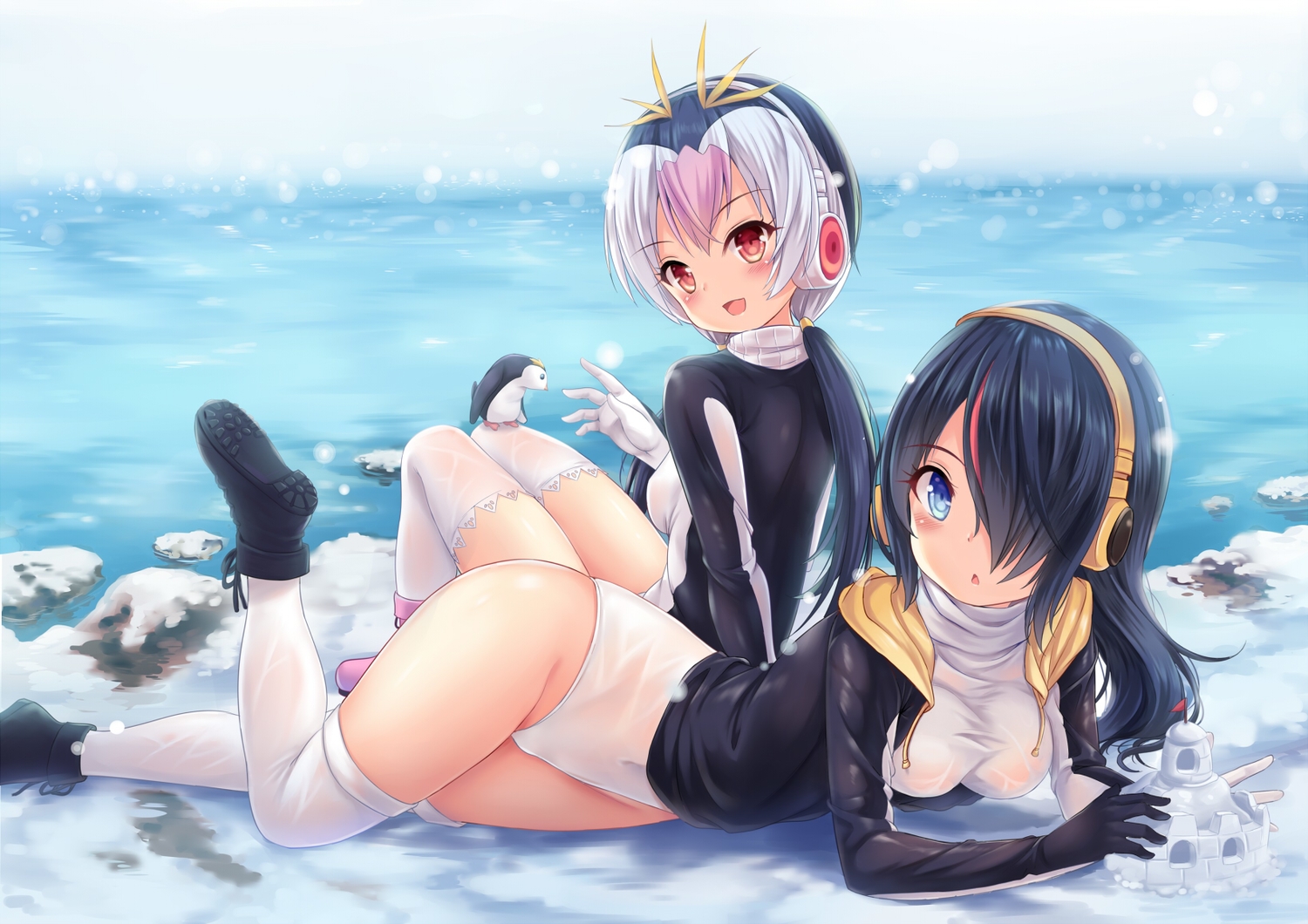2girls, animal, anthropomorphism, aqua_eyes, bird, black_hair, blush, bodysuit