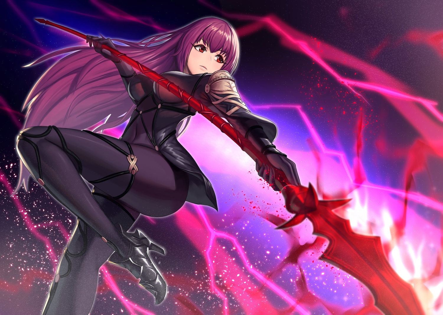 bodysuit, breasts, fate/grand_order, fate_(series), long_hair, moonandmist, purple_hair, red_eyes