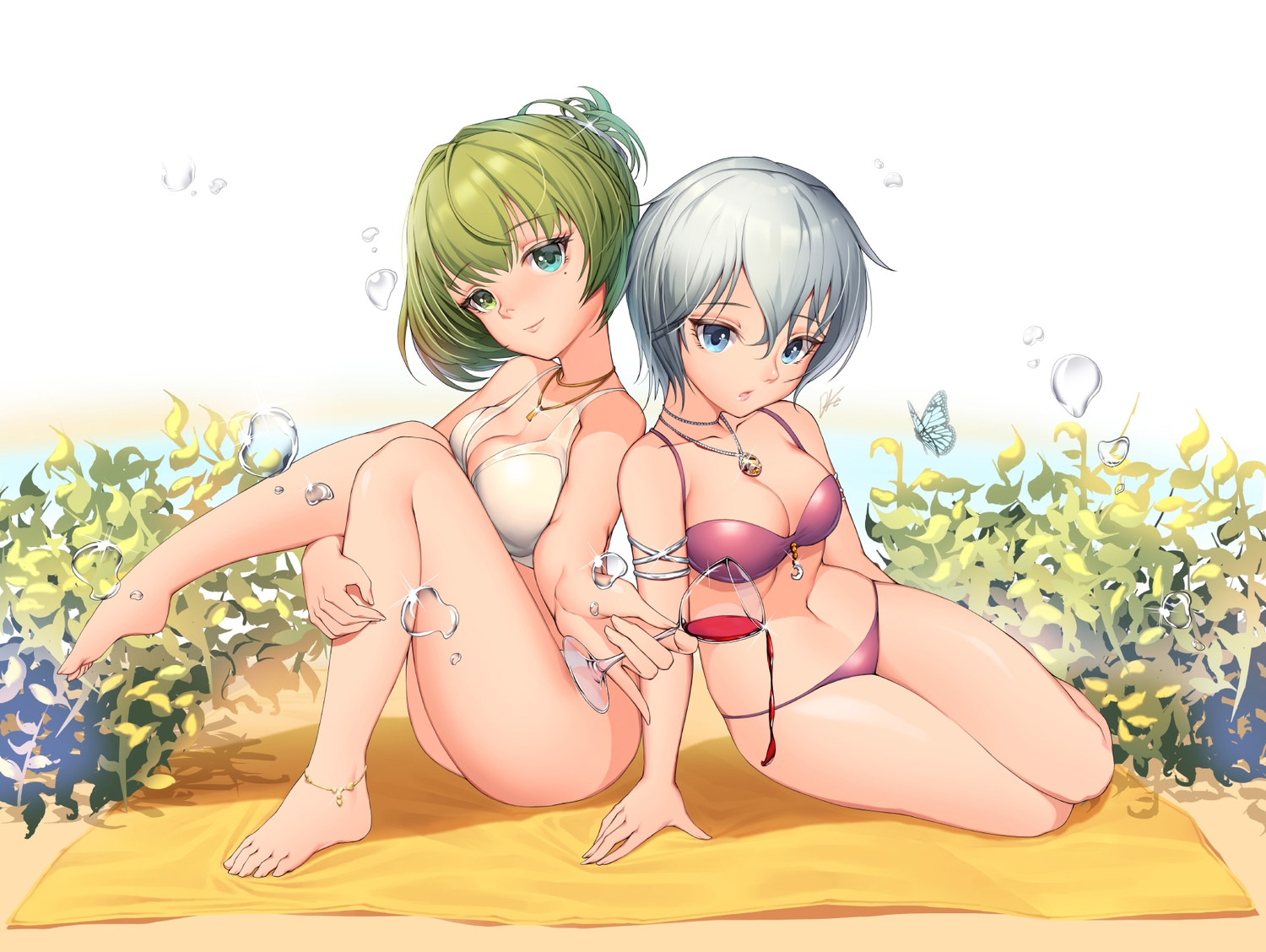 2girls, anastasia_(idolmaster), bicolored_eyes, bikini, dduck_kong, idolmaster, idolmaster_cinderella_girls, swimsuit, takagaki_kaede