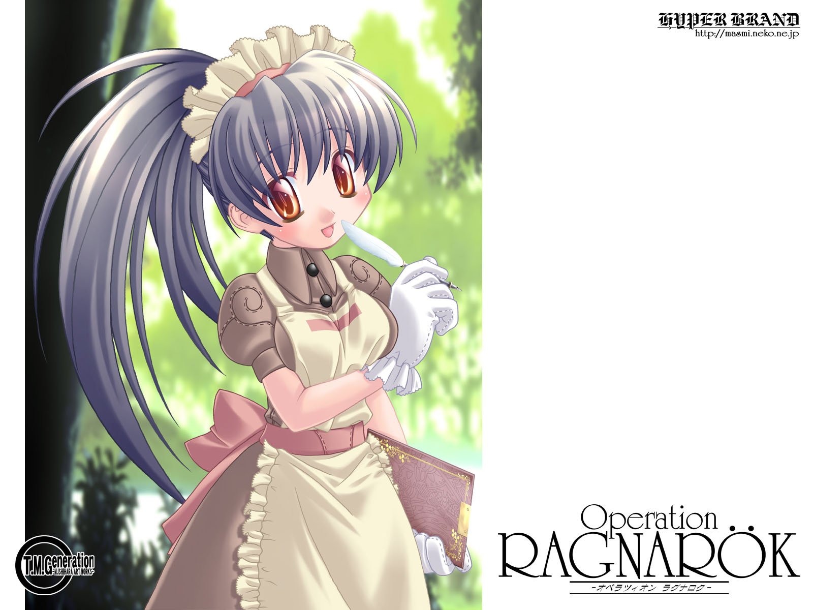 apron, bow, gloves, gray_hair, headdress, ishihara_masumi, jpeg_artifacts, long_hair, maid, orange_eyes, ponytail, ragnarok_online