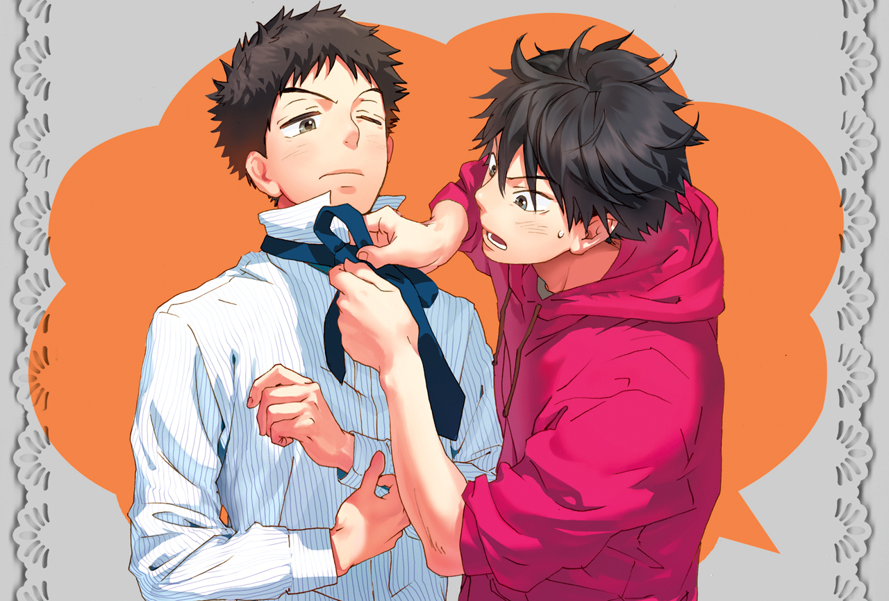 abe_takaya, all_male, black_hair, da_kata, gray_eyes, haruna_motoki, hood, male, ookiku_furikabutte, shirt, short_hair, tie, wink