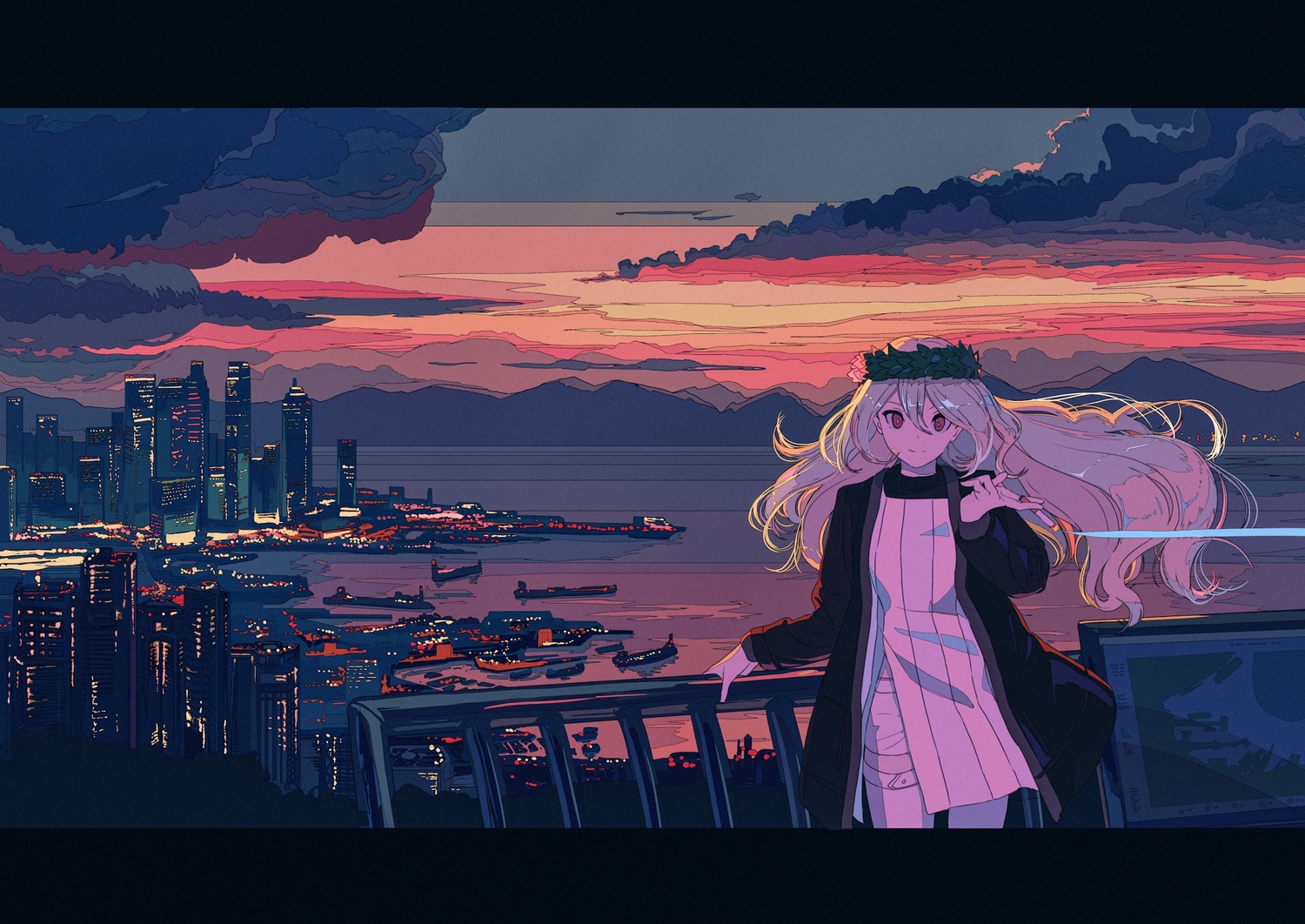 boat, building, cigarette, city, clouds, gray_hair, headdress, kogecha_(coge_ch)