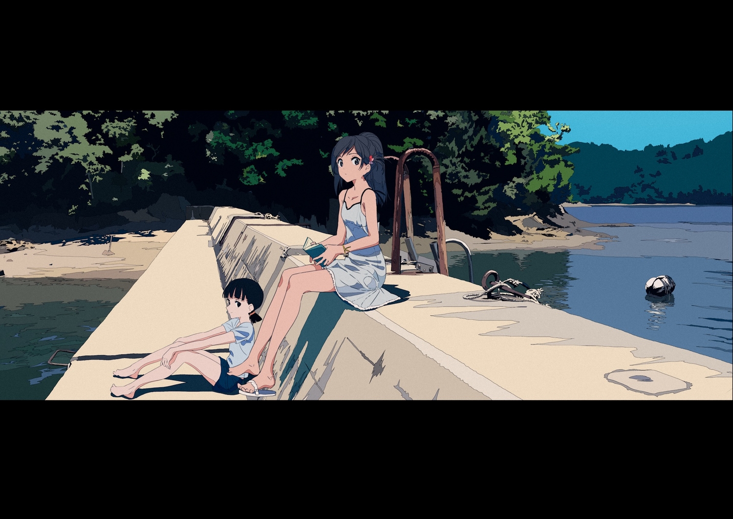 2girls, barefoot, black_eyes, black_hair, book, kogecha_(coge_ch), long_hair, original