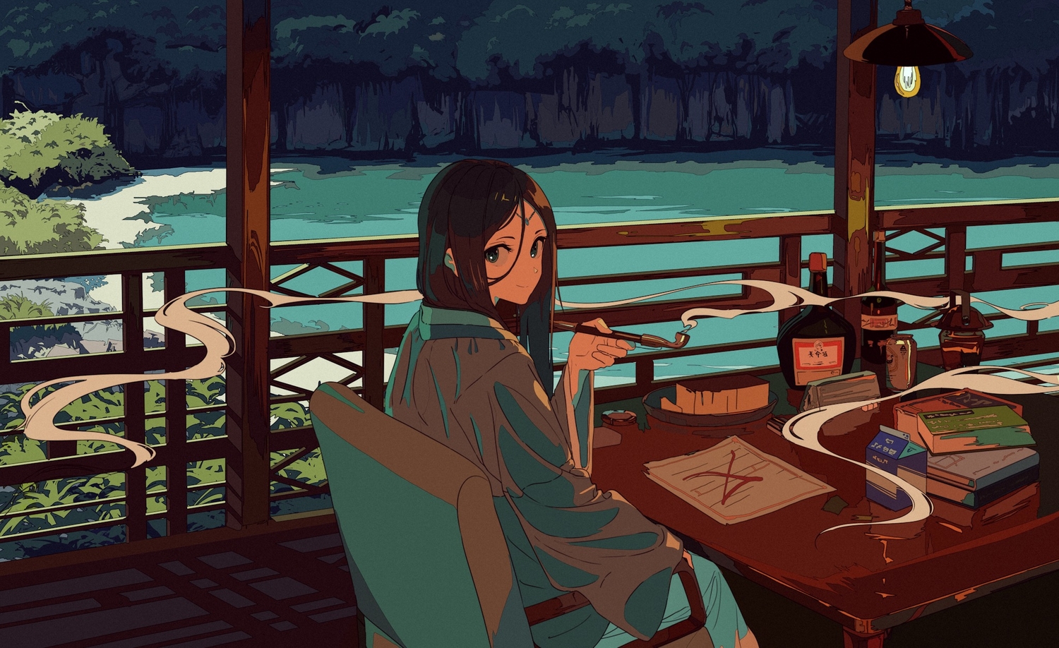 book, brown_hair, drink, headdress, kogecha_(coge_ch), long_hair, original, paper, smoking, water