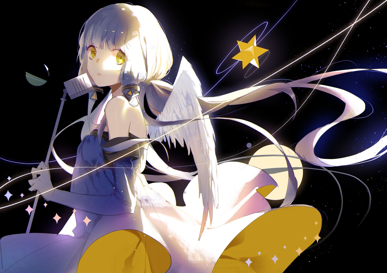 black, dress, elbow_gloves, gloves, long_hair, microphone, twintails, vocaloid