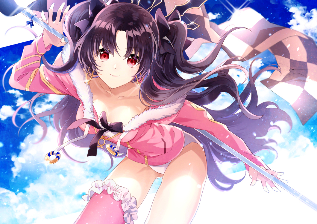 aliasing, black_hair, breasts, clouds, fate/grand_order, fate_(series), hood, ishtar_(fate/grand_order)