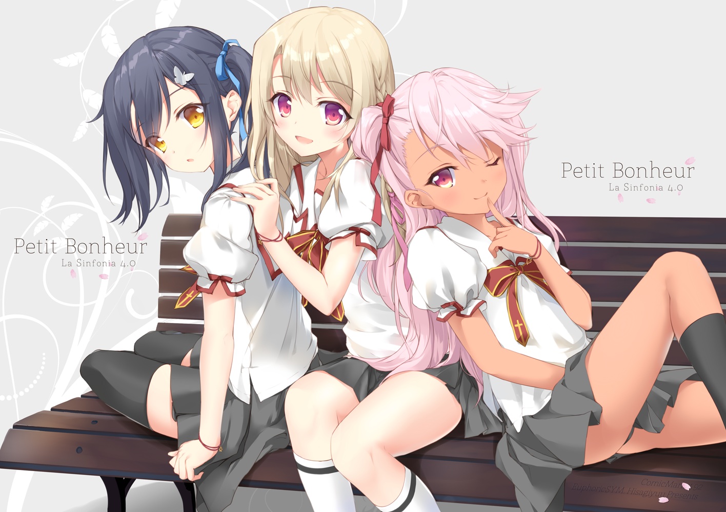 black_hair, blonde_hair, braids, chloe_von_einzbern, fate/kaleid_liner_prisma_illya, fate_(series), hisagiyuu, illyasviel_von_einzbern, kneehighs, loli, long_hair, miyu_edelfelt, pink_eyes, pink_hair, ponytail, ribbons, school_uniform, short_hair, skirt, wink, yellow_eyes