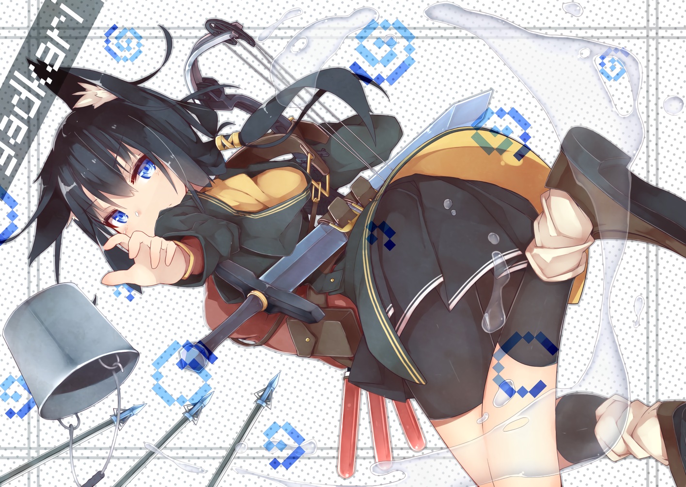 and_dokari, animal_ears, bike_shorts, black_hair, blue_eyes, bow_(weapon), hood, kneehighs