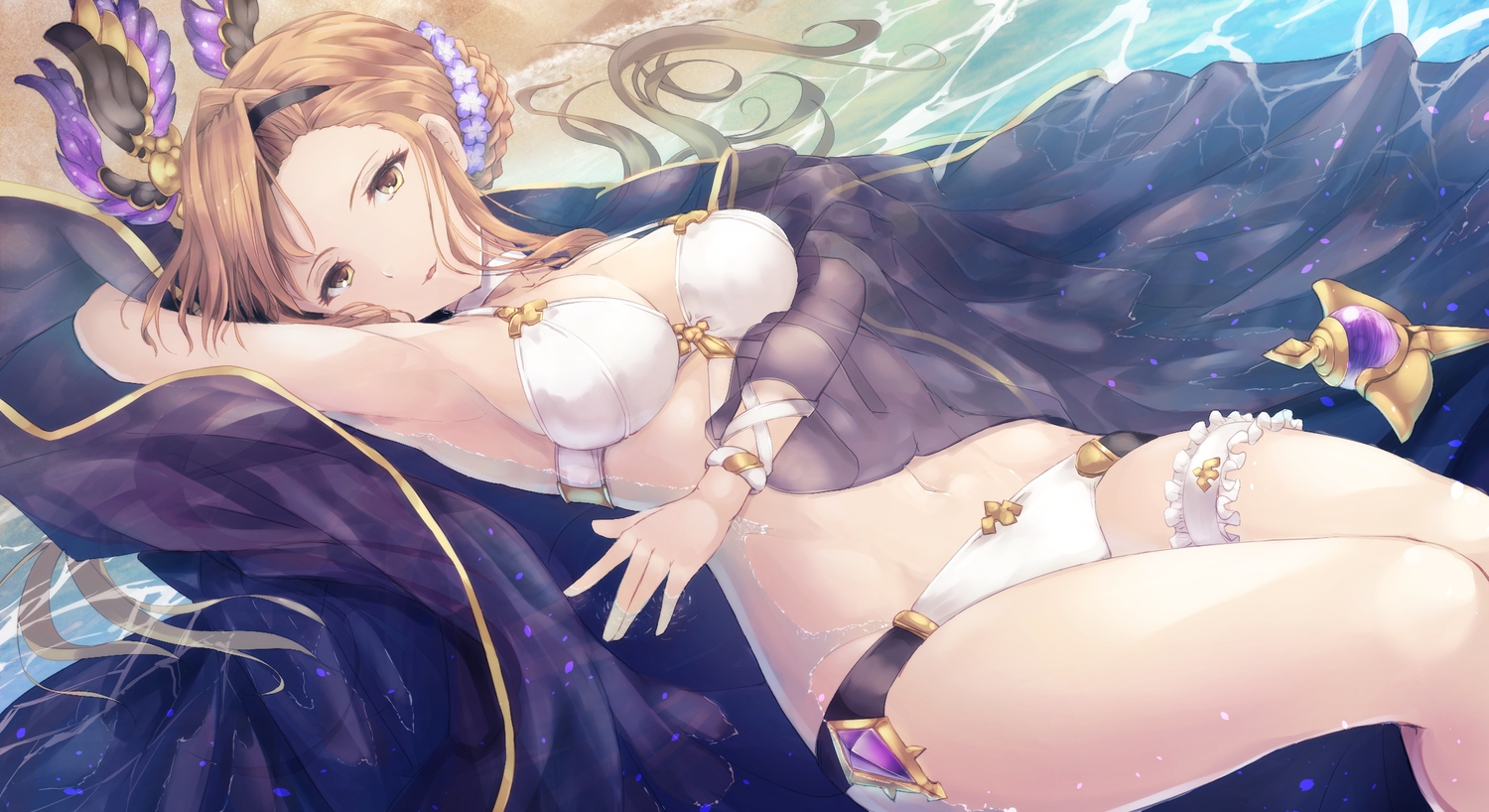 beach, bikini, brown_eyes, brown_hair, cape, coffee1223, granblue_fantasy, headband, headdress, song_(granblue_fantasy), swimsuit, water