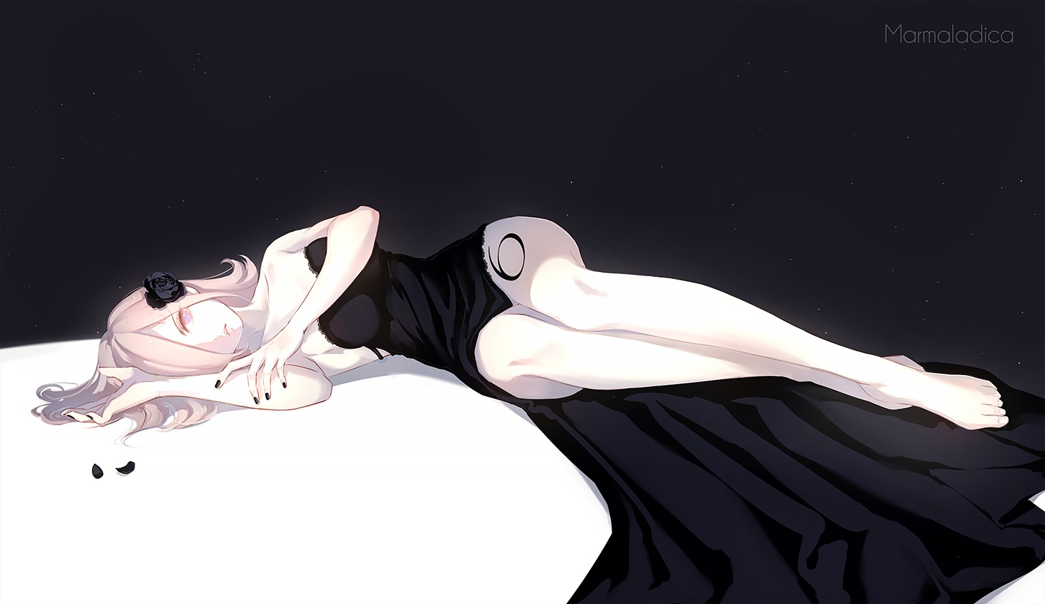 barefoot, blue_eyes, dress, flowers, marmalade_(elfless_vanilla), one_piece, polychromatic, rose, vinsmoke_reiju, white_hair