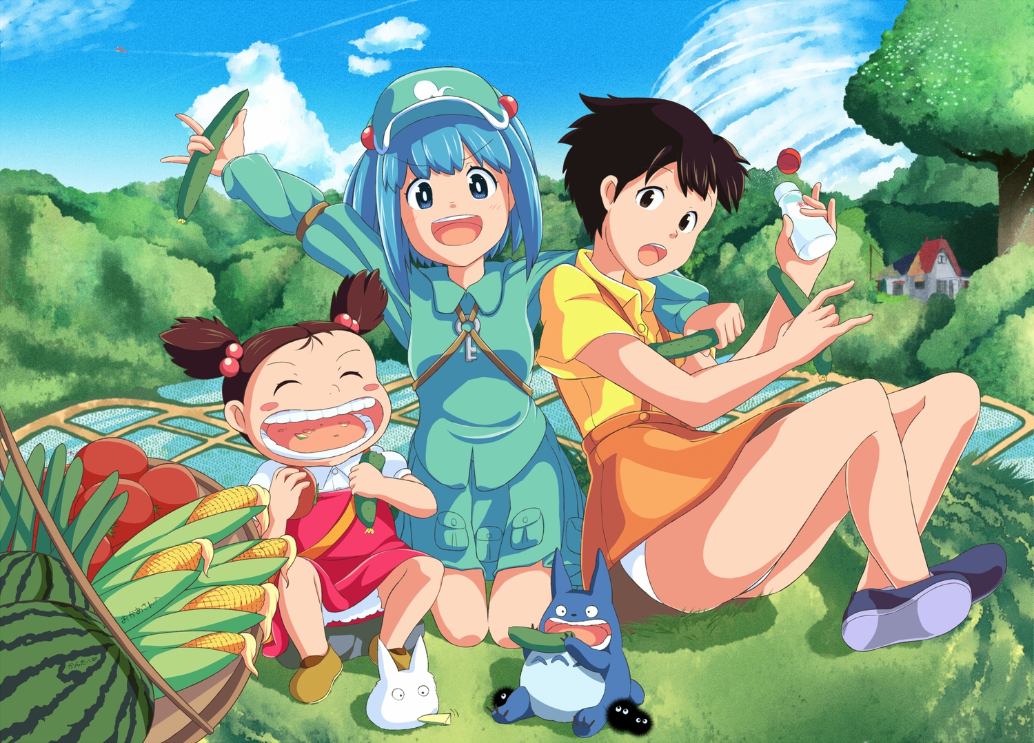 crossover, food, fruit, green, kawashiro_nitori, kusakabe_mei, kusakabe_satsuki, loli