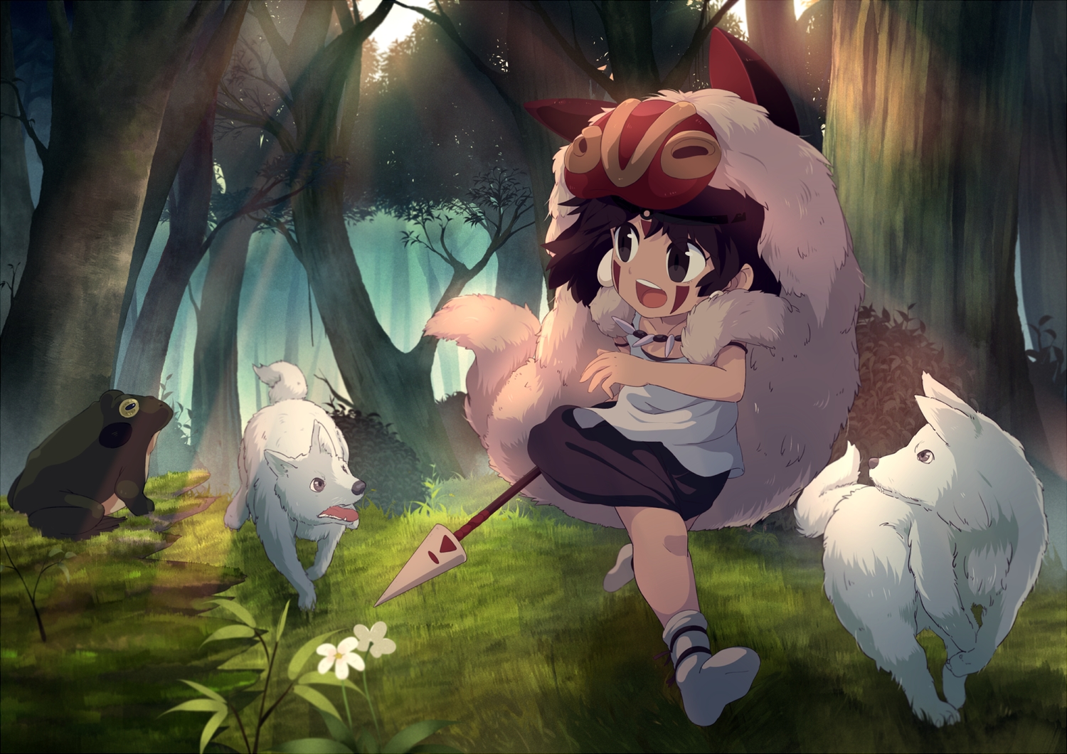 animal, brown_hair, forest, loli, mononoke_hime, onion_pikupiku, san, tree, weapon, wolf