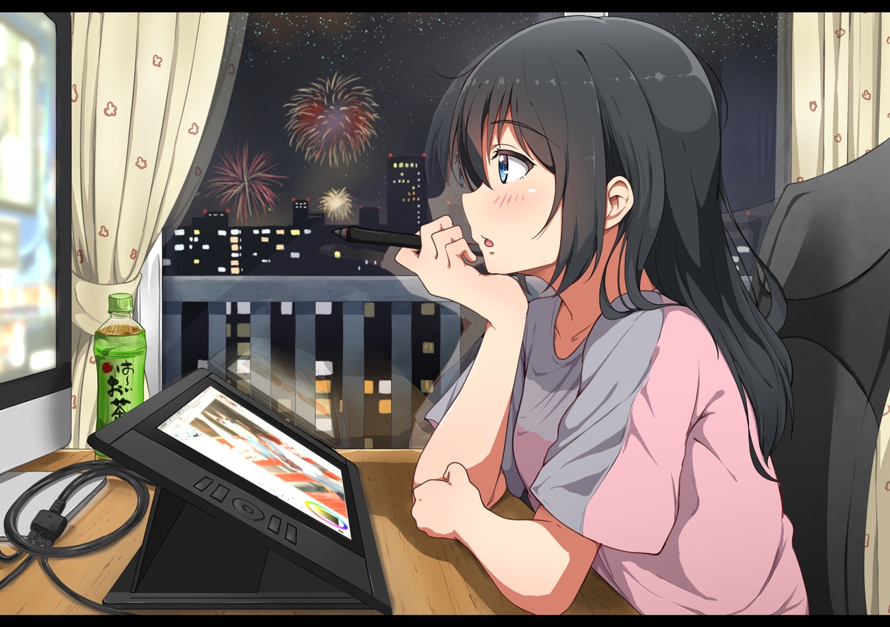 air_0497, aqua_eyes, black_hair, blush, building, city, computer, drink, fireworks, long_hair, original, reflection, silhouette