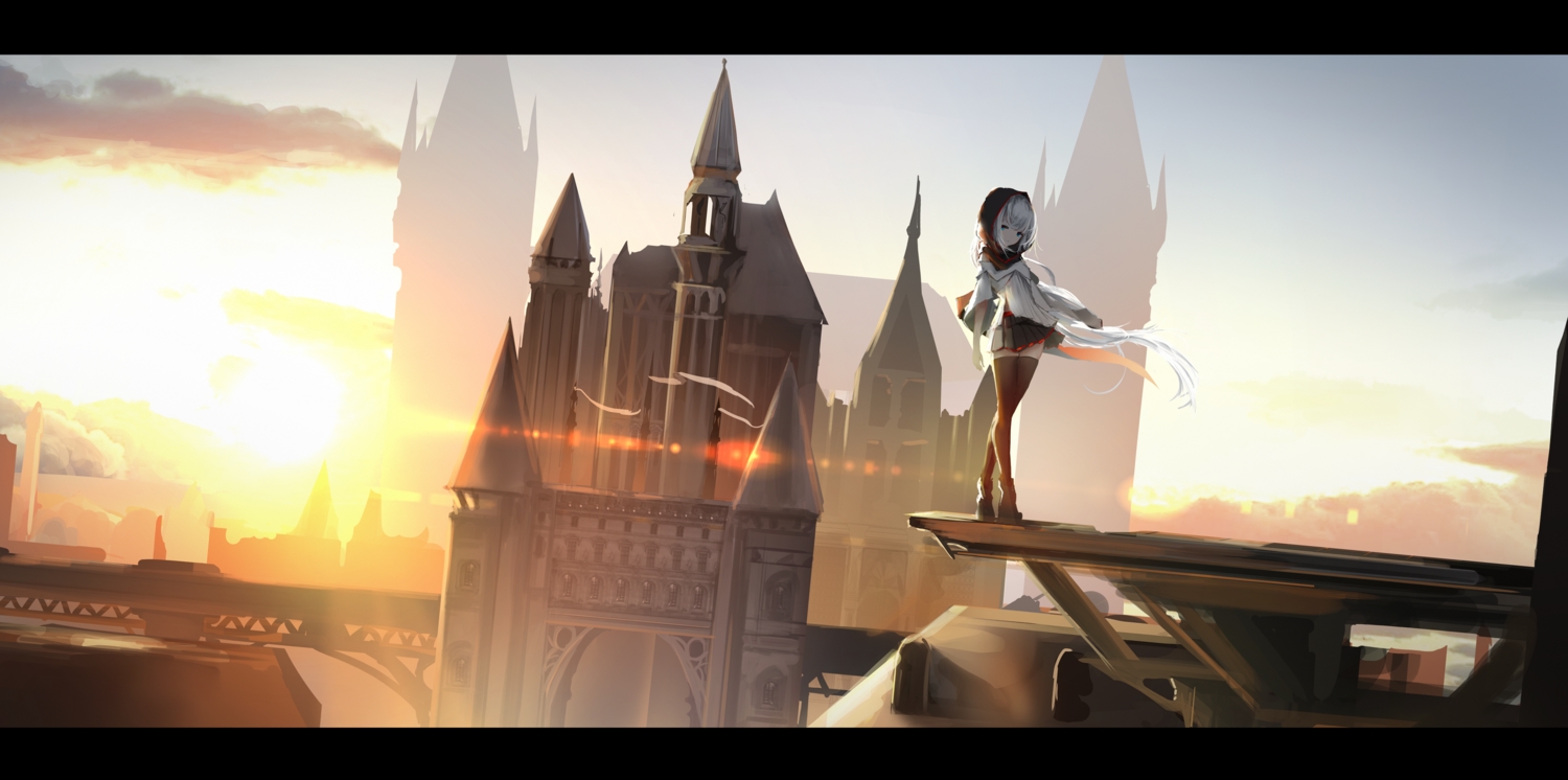 aqua_eyes, clouds, long_hair, original, pixiv_fantasia, scenic, skirt, sky