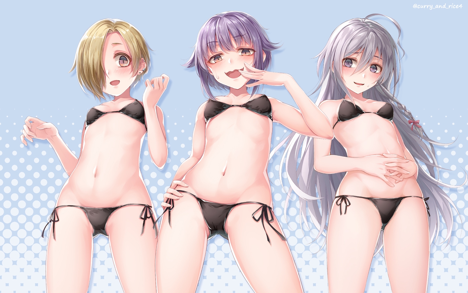 bikini, blush, bow, braids, brown_eyes, brown_hair, gray_hair, hoshi_shouko, idolmaster, idolmaster_cinderella_girls, ishihara_(kuniyoshi), koshimizu_sachiko, long_hair, navel, purple_hair, shirasaka_koume, short_hair, swimsuit