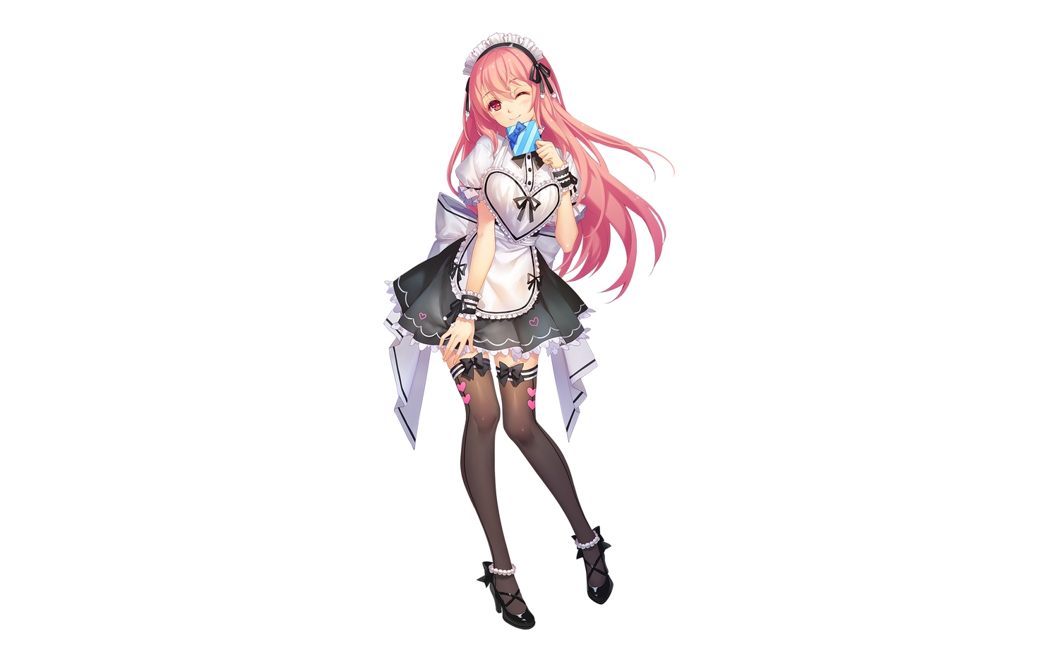 apron, blush, bow, headdress, long_hair, maid, pink_hair, red_eyes