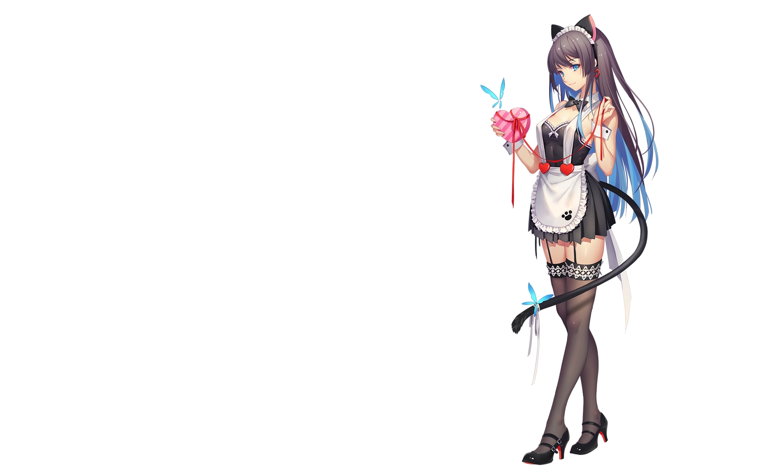 animal_ears, apron, aqua_eyes, black_hair, bow, butterfly, catgirl, garter_belt