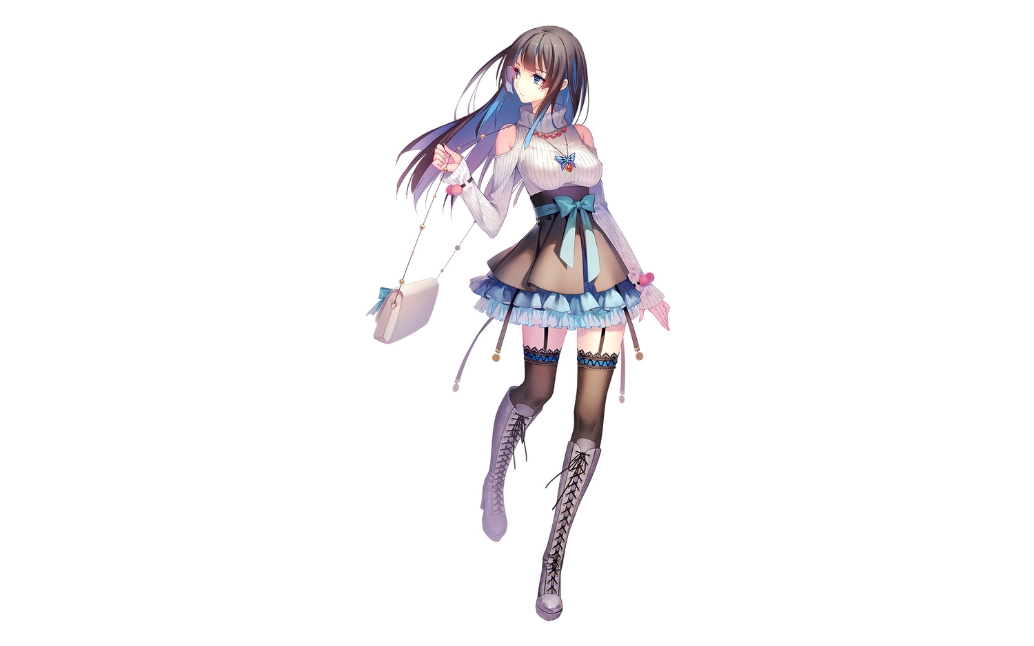 aqua_eyes, black_hair, boots, bow, breasts, garter_belt, long_hair, necklace