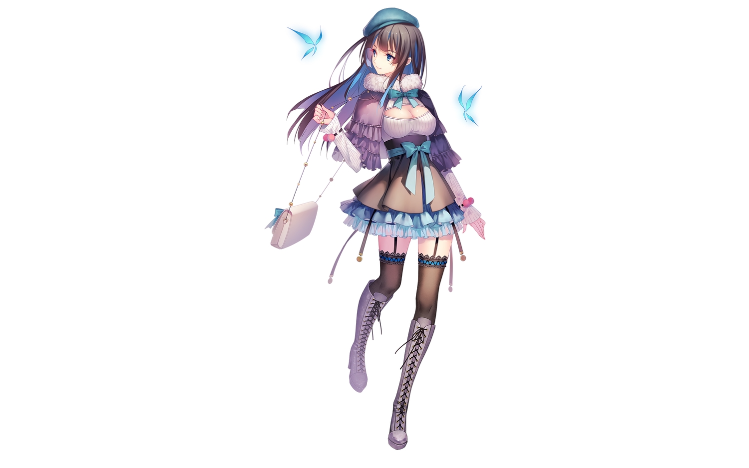 aqua_eyes, black_hair, boots, bow, breasts, butterfly, garter_belt, hat