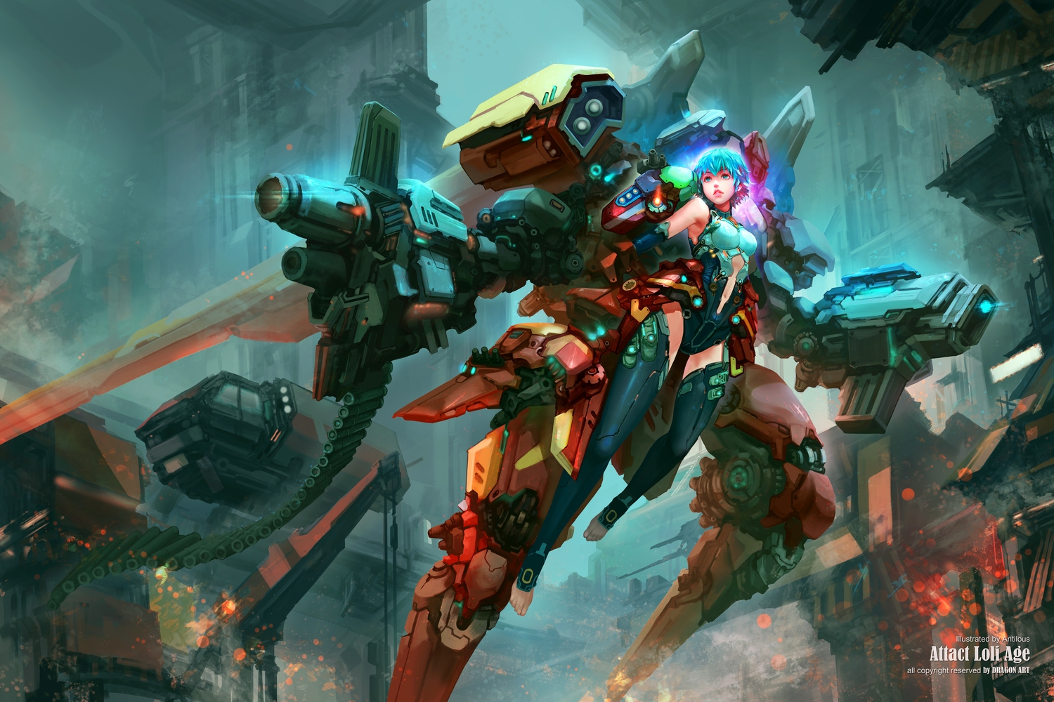 antilous, aqua_eyes, aqua_hair, bodysuit, breasts, gun, mecha, mechagirl